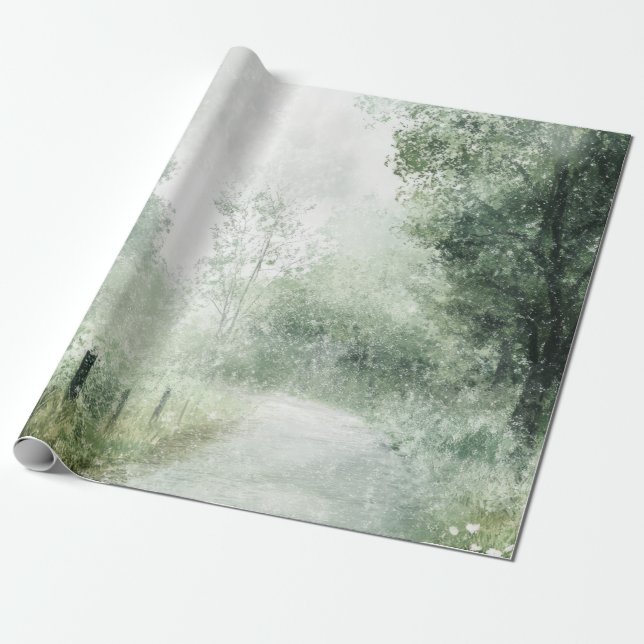 Misty Country Road Forest Path Landscape (1) Wrapping Paper (Unrolled)