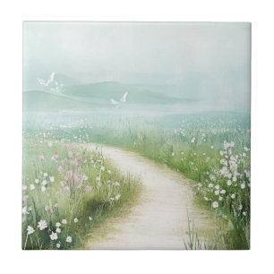 Misty Country Road Forest Path Landscape (3) Ceramic Tile