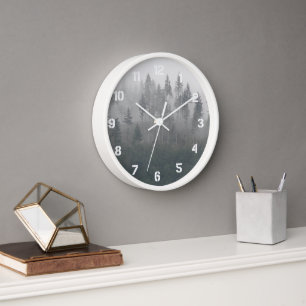 Misty Evergreen Forest Landscape Wall Clock