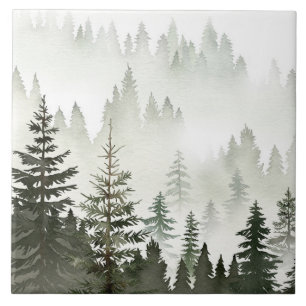 Misty Evergreen Forest Watercolor Ceramic Tile