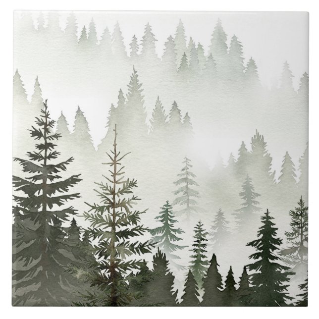 Misty Evergreen Forest Watercolor Ceramic Tile (Front)