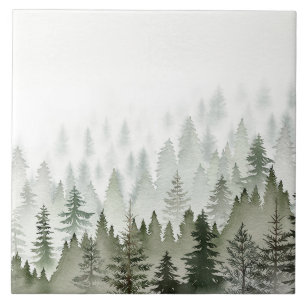 Misty Evergreen Forest Watercolor Ceramic Tile