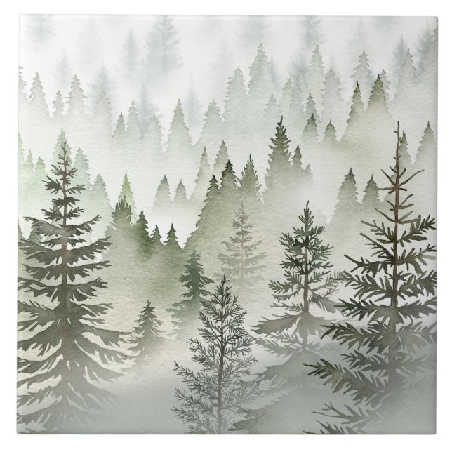 Misty Evergreen Forest Watercolor Ceramic Tile (Front)