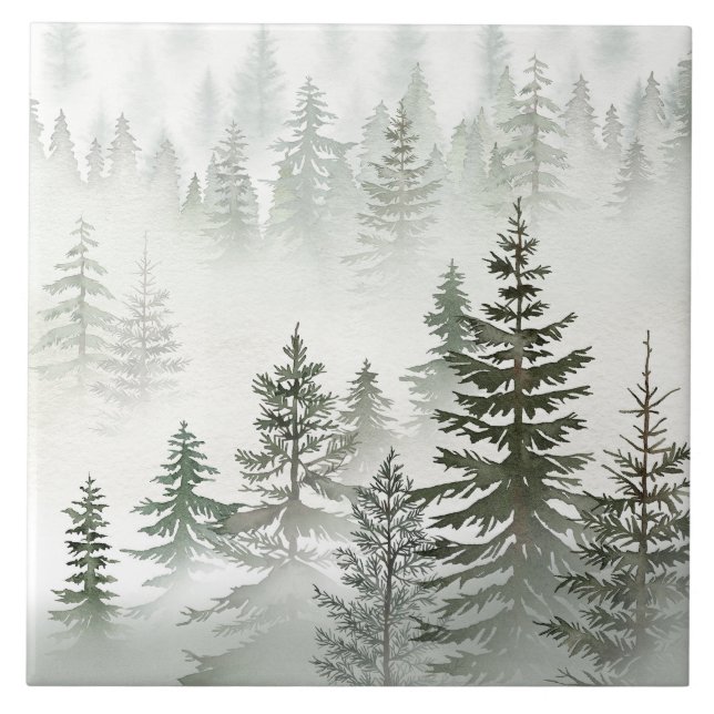 Misty Evergreen Forest Watercolor Ceramic Tile (Front)