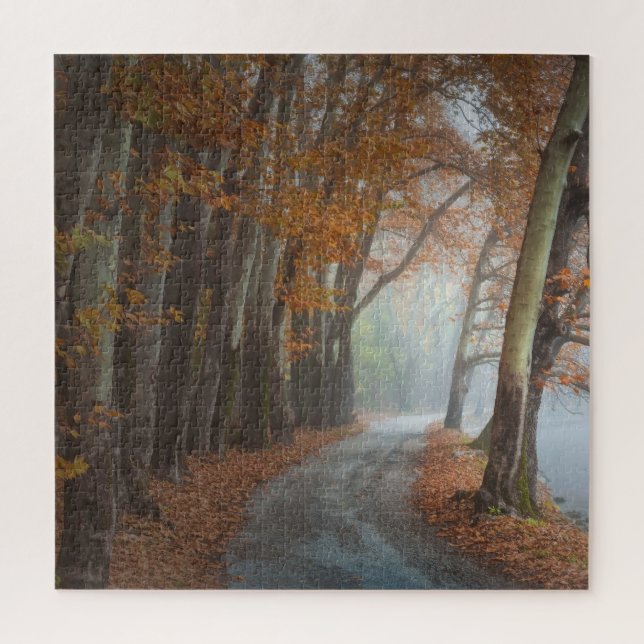 Misty Fall Trees Country Road Travel Adventure Jigsaw Puzzle (Vertical)