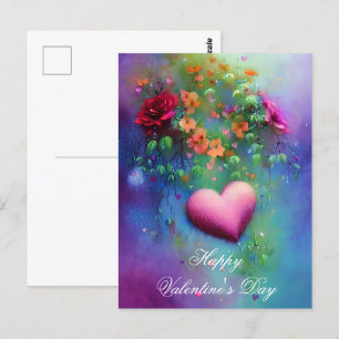 Misty flowers and heart valentine postcard