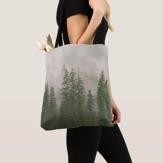 Misty Foggy Forest Trees Tote Bag (Close Up)