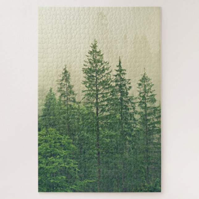 Misty Foggy Green Pine Trees Photo Jigsaw Puzzle (Vertical)