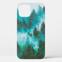 Misty foggy mountain landscape with fir forest and