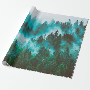Misty foggy mountain landscape with fir forest and wrapping paper