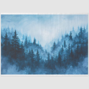 Misty Forest Blue Green Pine Trees Decoupage Tissue Paper