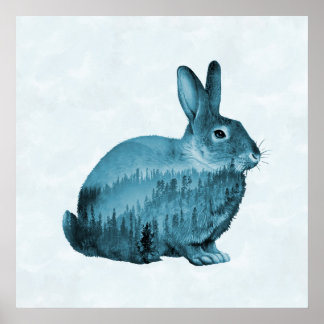 Misty Forest Bunny - Blue Poster