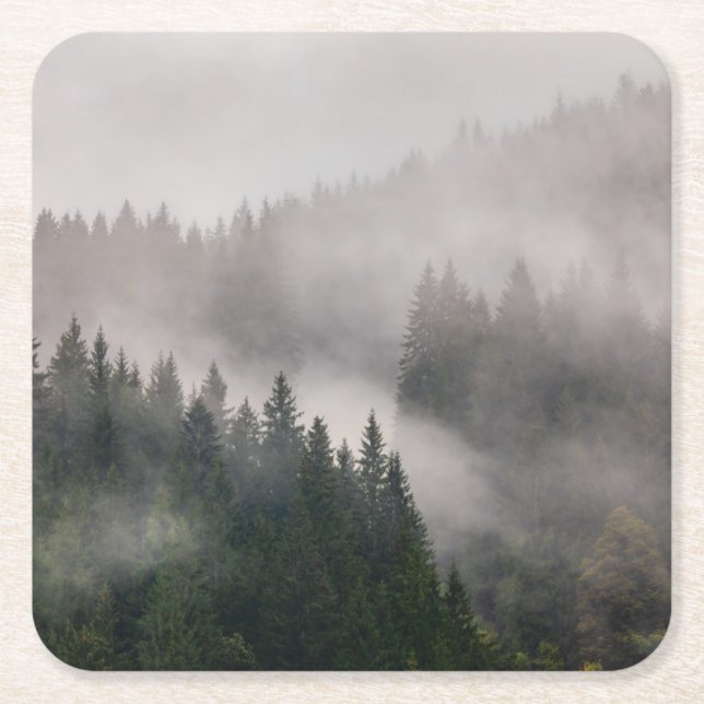 Misty Forest in the Mountains Square Paper Coaster (Front)