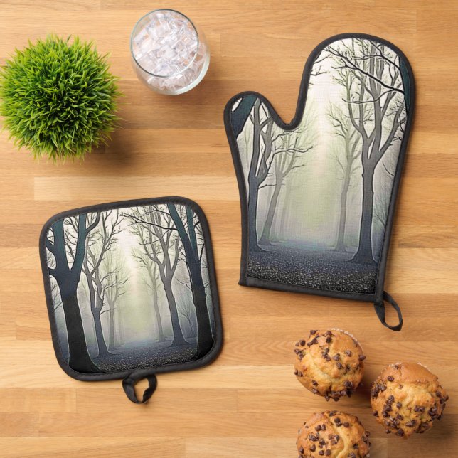 Misty Forest Path: Eerie Beauty Oven Mitt & Pot Holder Set (Top Down)