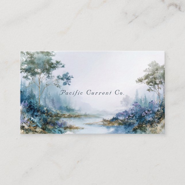 Misty Forest River Gold and Blue Landscape Business Card (Front)