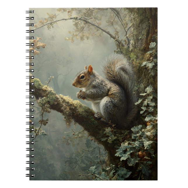 Misty Forest Squirrel Oak Branch Art Notebook (Front)