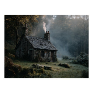Misty Forest Stone Cabin Print
