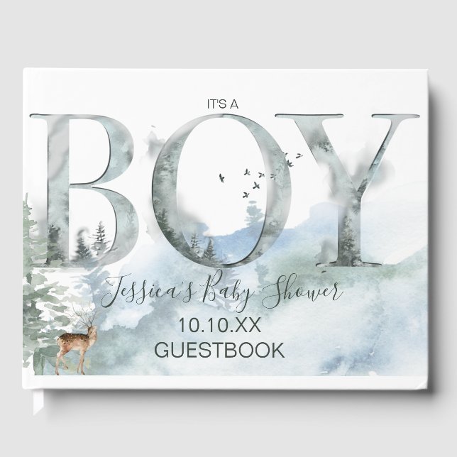 Misty Forest Woodland Country Deer Boy Baby Shower Guest Book (Front)