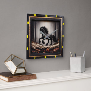 Misty Gallop: Customisable Charred Wood Friesian Square Wall Clock