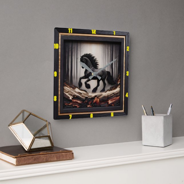 Misty Gallop: Customisable Charred Wood Friesian Square Wall Clock (Office)