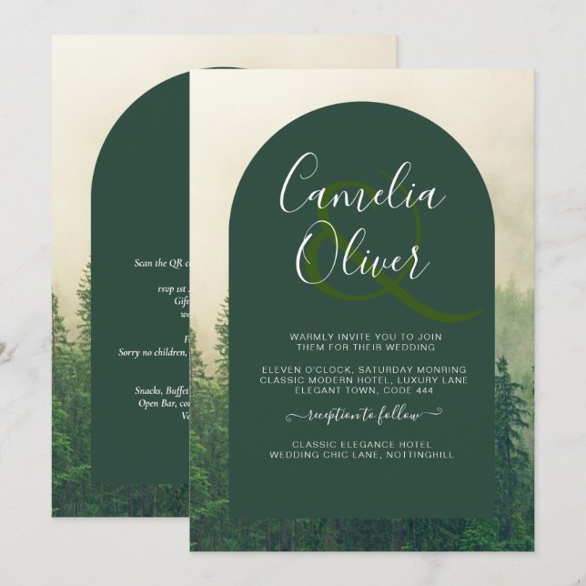 Misty Green Forest mountain Pine Trees Wedding Invitation (Front/Back)