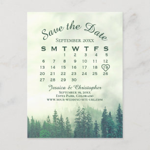 Misty Green Forest Wedding Save the Date Calendar Announcement Postcard