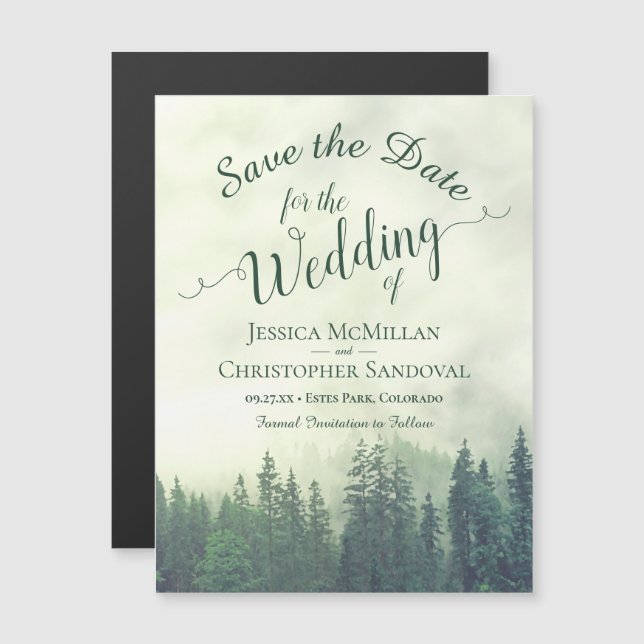 Misty Green Mountain Pines Wedding Save the Date Magnetic Invitation (Front/Back)