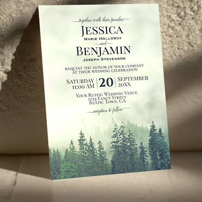 Misty Green Pine Forest Rustic Outdoors Wedding Invitation (Creator Uploaded)