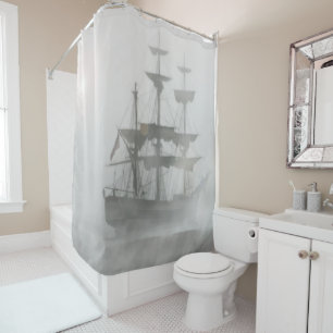 Misty Grey Foggy Old or Pirate Ship Art Shower Curtain