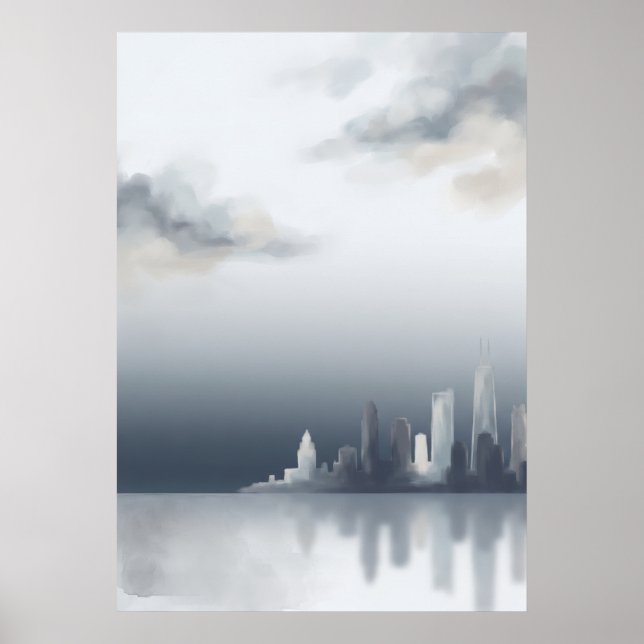 Misty Grey Waterfront City Skyline Poster (Front)