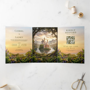 Misty Island Fairytale Castle Wedding Tri-Fold Invitation