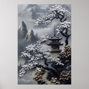 Misty Japanese Pagoda White Cherry Blossom Poster