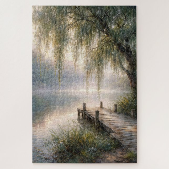 Misty Lake Dock with Willow Tree Jigsaw Puzzle (Vertical)