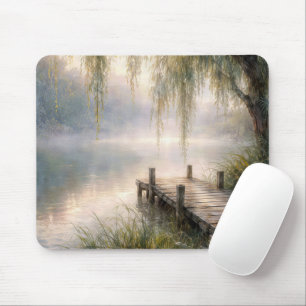 Misty Lake Dock with Willow Tree Mouse Pad