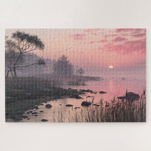 Misty Lake Sunset Puzzle Romantic Pink Nature Art