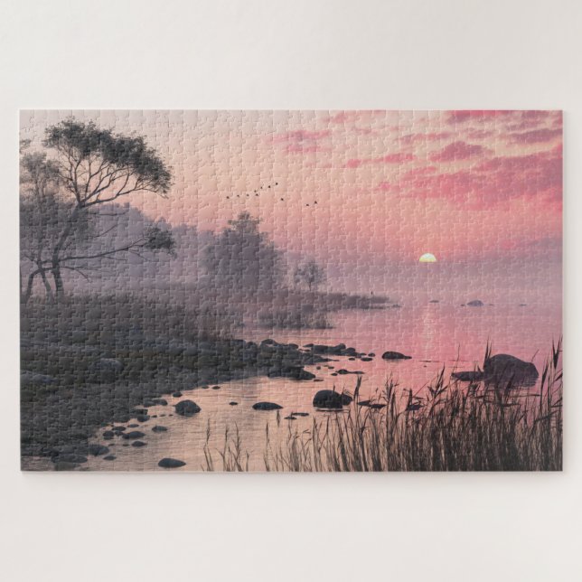 Misty Lake Sunset Puzzle Romantic Pink Nature Art (Horizontal)