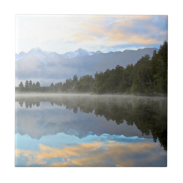 Misty Lake Trees Reflection Tranquil Nature Ceramic Tile (Front)