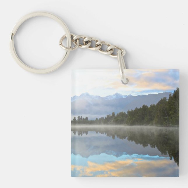 Misty Lake Trees Reflection Tranquil Nature Key Ring (Front)