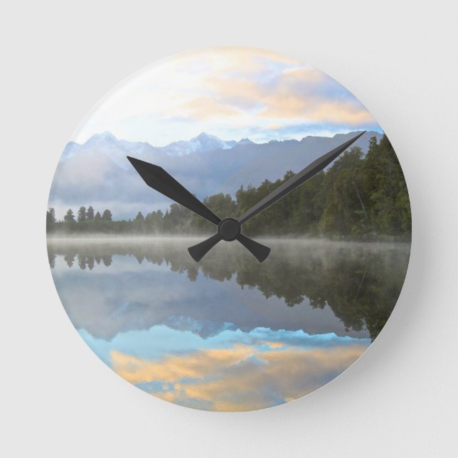 Misty Lake Trees Reflection Tranquil Nature Round Clock (Front)