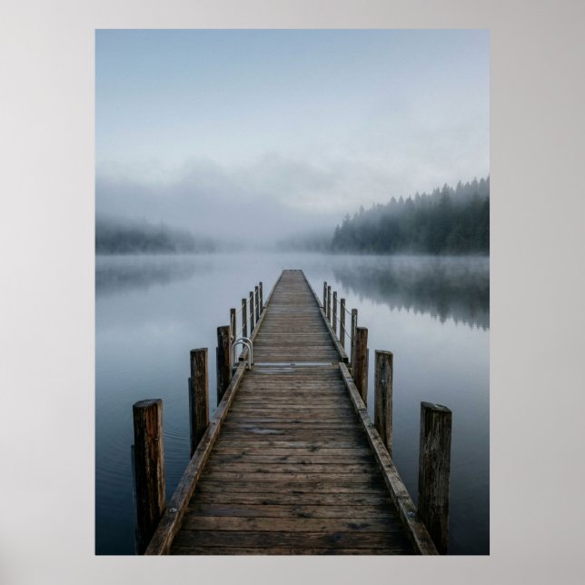 Misty Lake Wooden Pier Calm View Poster (Front)