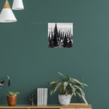 Misty Monochrome Pine Forest Watercolor Art Print