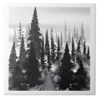 Misty Monochrome Pine Forest Watercolor Art Print Ceramic Tile