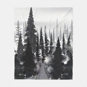 Misty Monochrome Pine Forest Watercolor Art Print Fleece Blanket