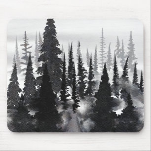 Misty Monochrome Pine Forest Watercolor Art Print Mouse Pad