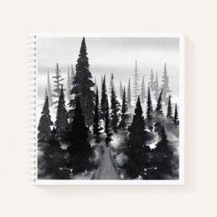 Misty Monochrome Pine Forest Watercolor Art Print Notebook