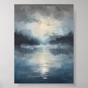Misty Moonlit Lake Poster