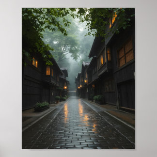 Misty Morning in a Japanese Village Poster