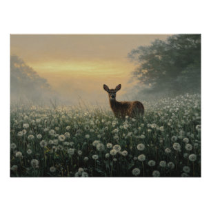 Misty Morning Meadow Deer Poster