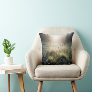 Misty Morning Meadow With Wildflowers Cushion