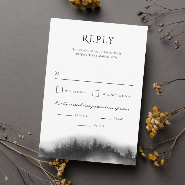 Misty Mountain Black Watercolor Wedding RSVP Card (Creator Uploaded)